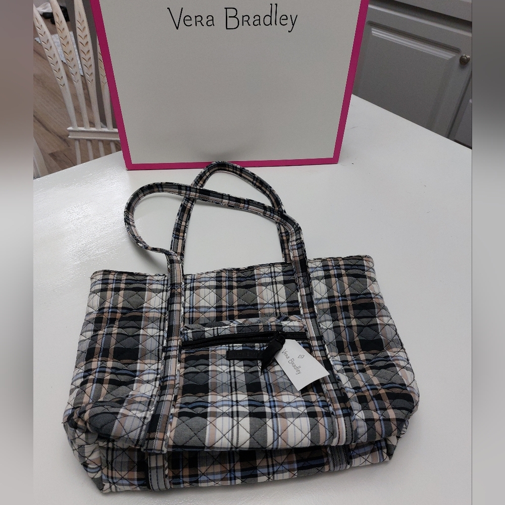 Small Vera Tote Cozy Plaid Neutral NWT
